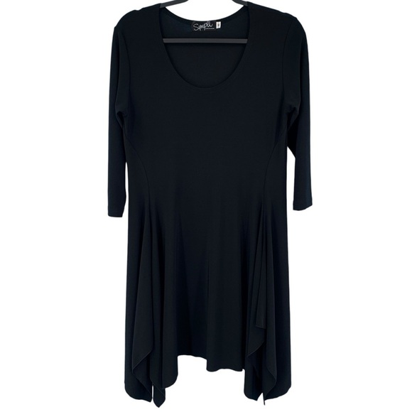 Sympli Swing Dress Womens 10 Black Jersey Stretch Asymmetrical Hem 3/4 Sleeve - Picture 1 of 7